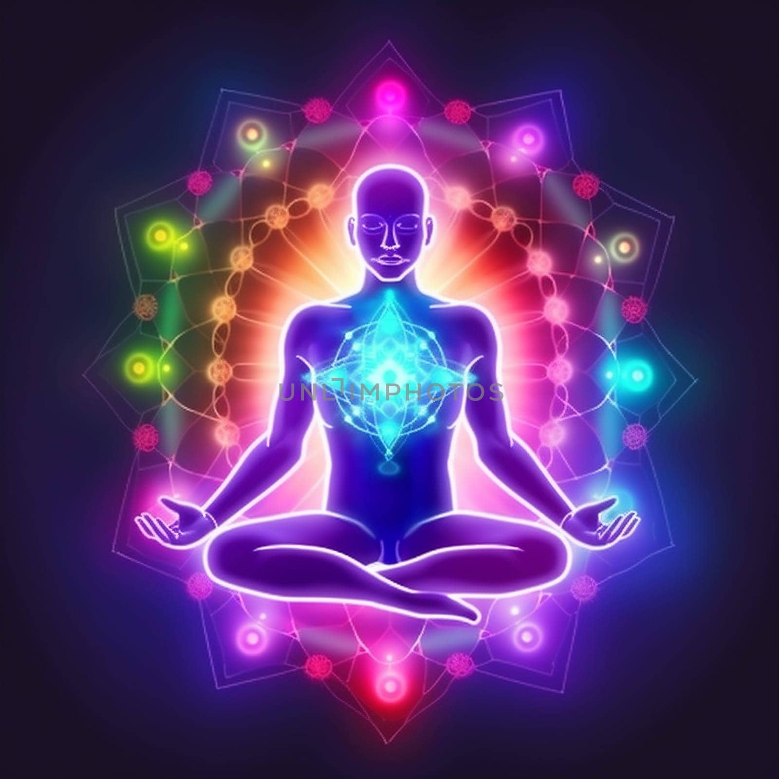 yoga zen chakra aura spiritual energy pose silhouette peace meditation. Generative AI. by SHOTPRIME