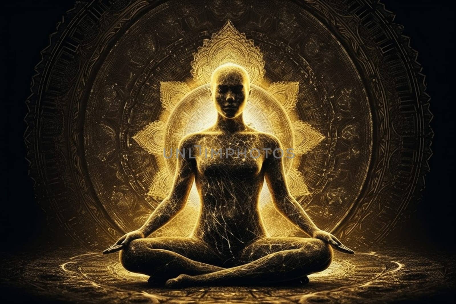 meditation pose peace aura energy spiritual yoga silhouette chakra zen. Generative AI. by SHOTPRIME