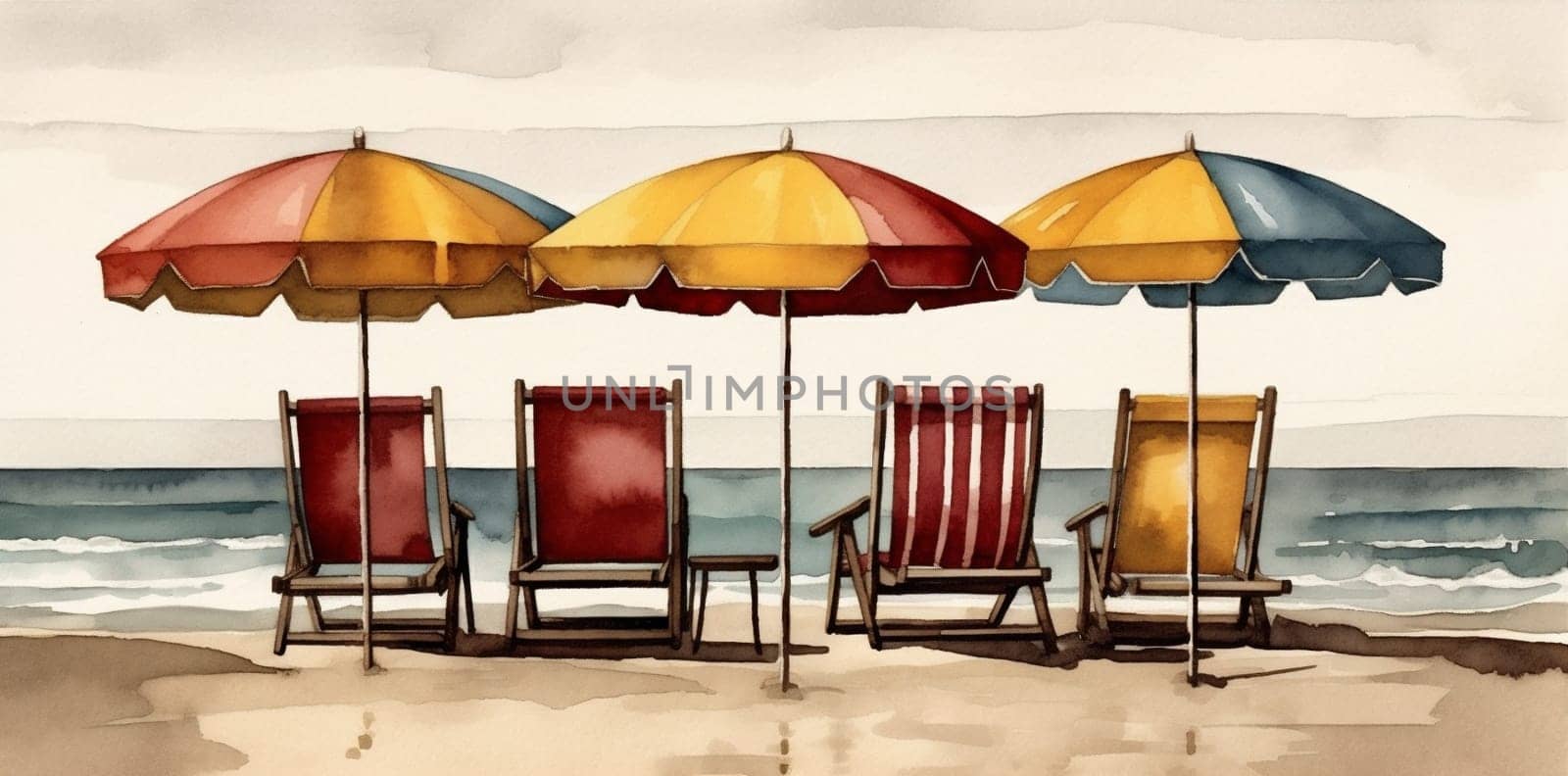 watercolor vacation summer coast relax chair beach resort background rest umbrella. Generative AI. by SHOTPRIME