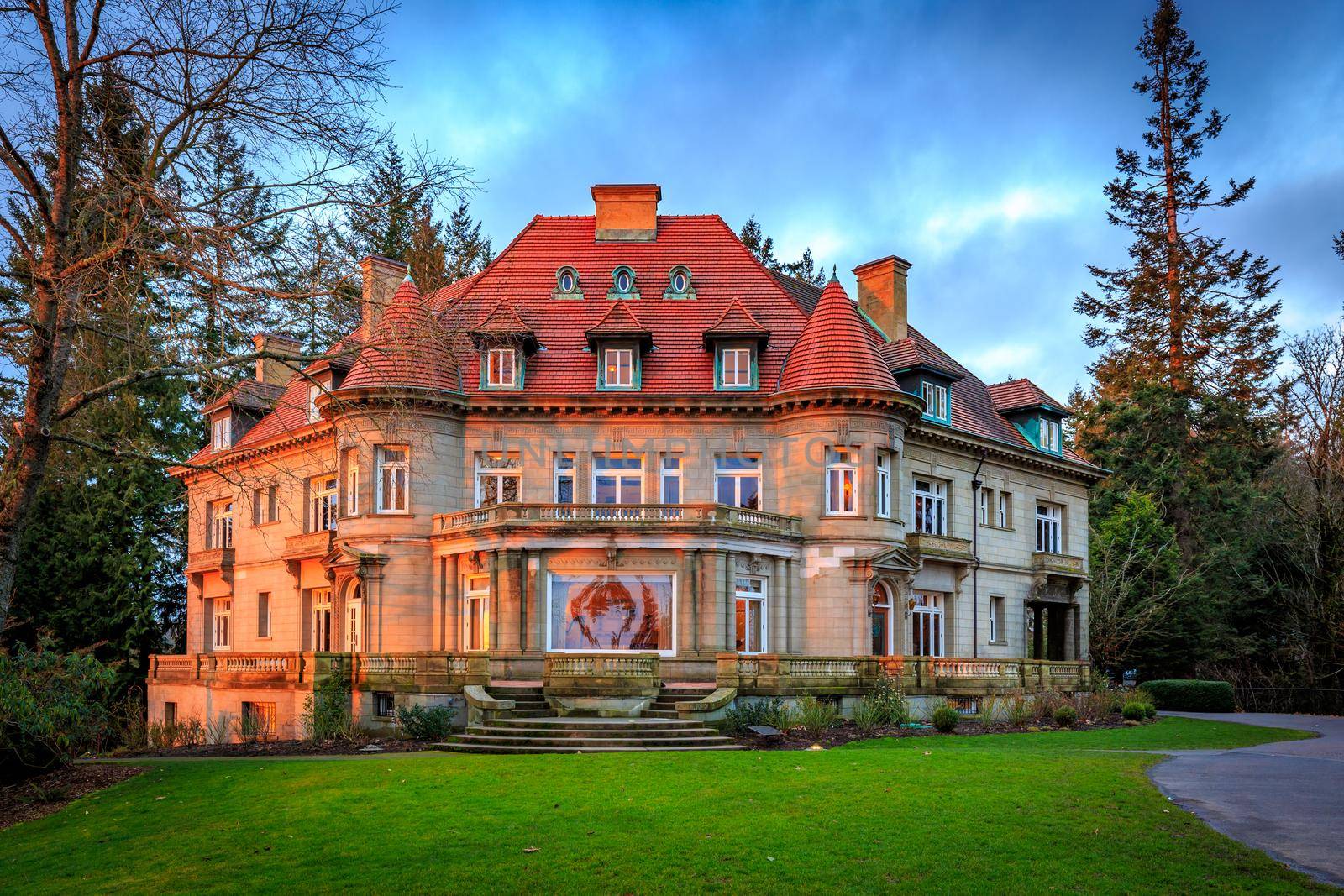 Portland, Oregon, USA - February 7, 2016: Originally built in 1909, Pittock mansion is a French Renaissance-style chateau in the West Hills of Portland, Oregon.