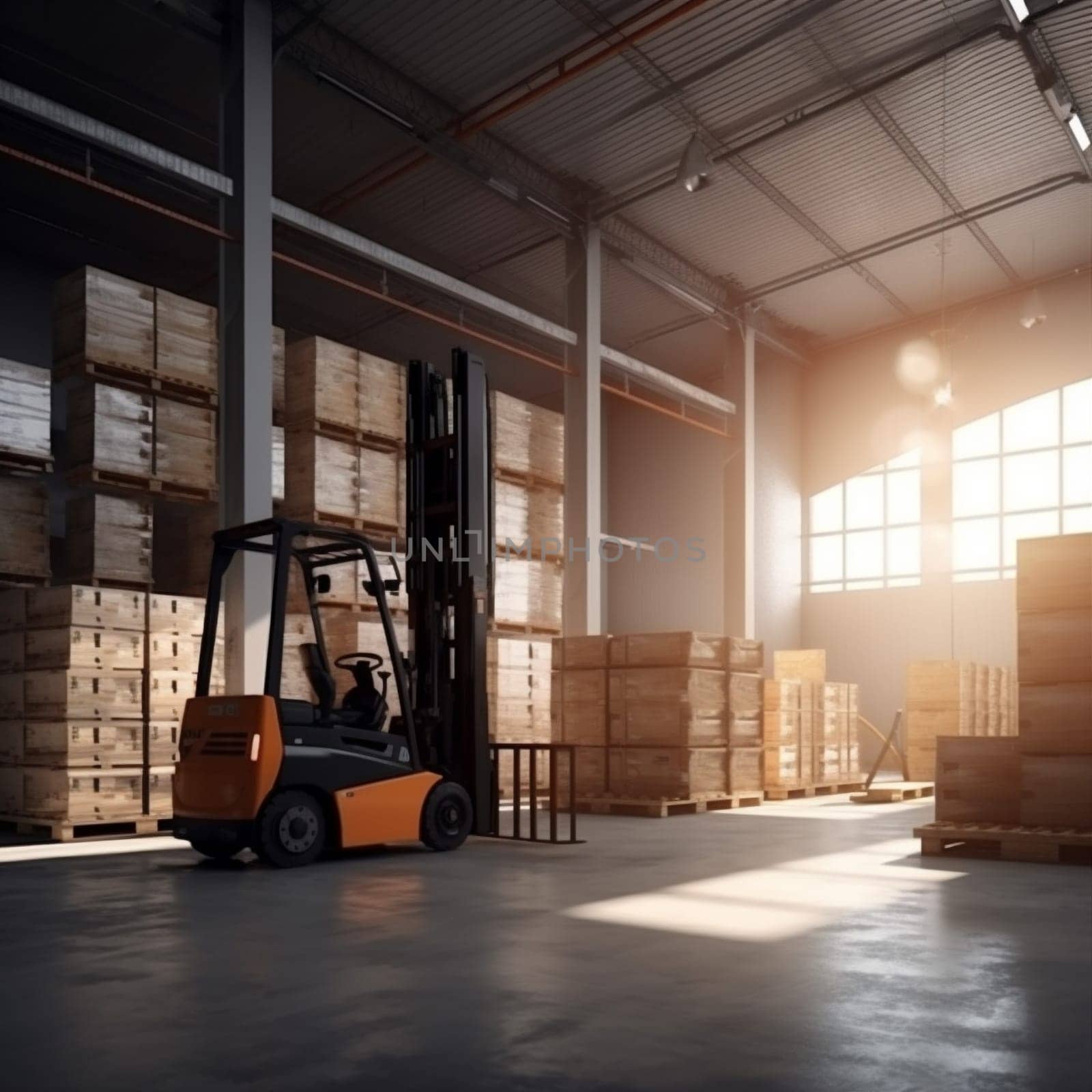 storage transportation warehouse sun distribution box cargo logistic forklift delivery. Generative AI. by SHOTPRIME