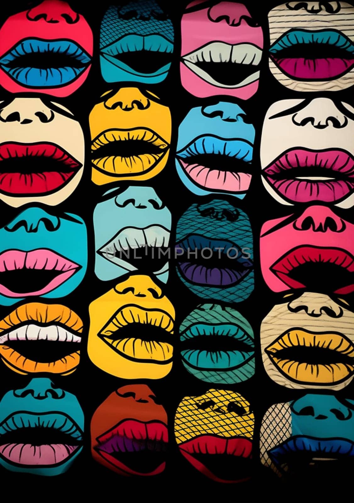 kiss woman graphic modern lips sensual lipstick mouth poster template face closeup beauty pattern art illustration abstract halftone glamour female. Generative AI.