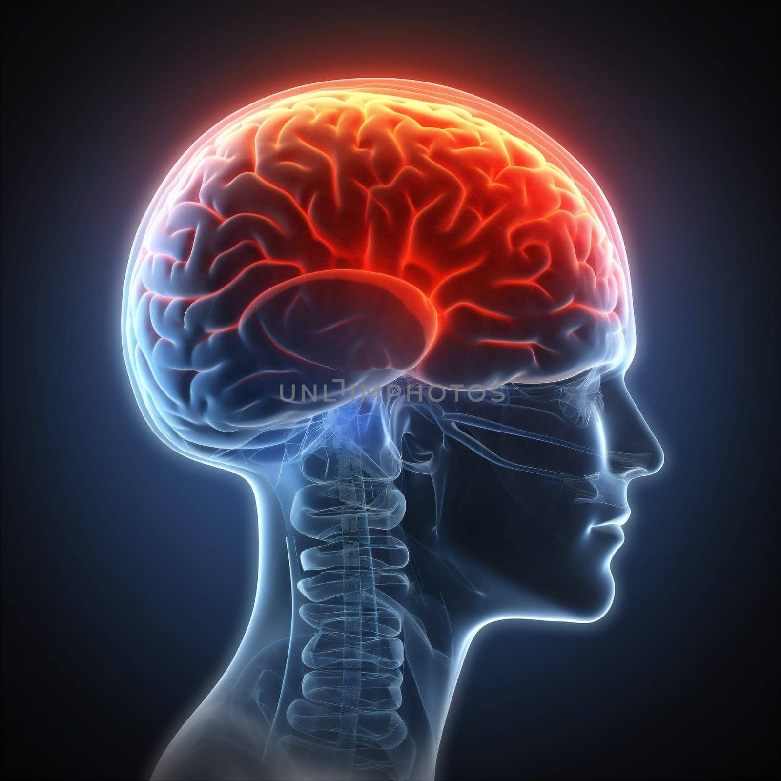 headache brain anatomy head medical medicine pain red blue x-ray. Generative AI. by SHOTPRIME