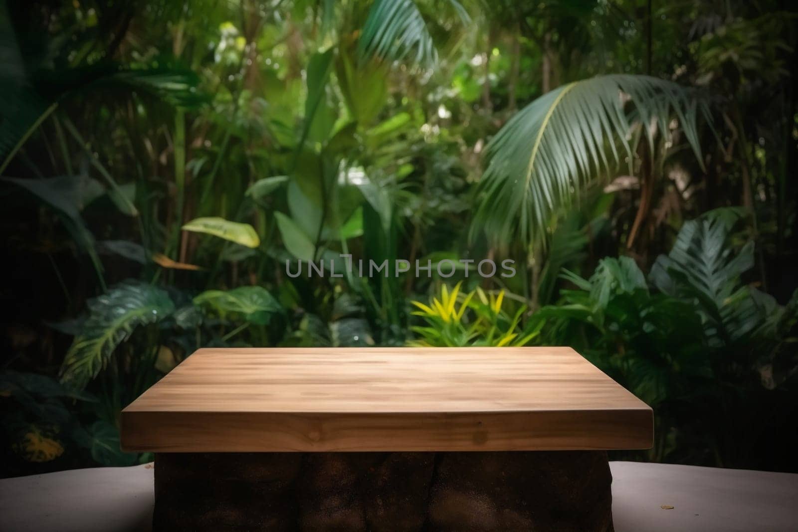 palm wooden podium color space design green up mock platform leaf. Generative AI. by SHOTPRIME