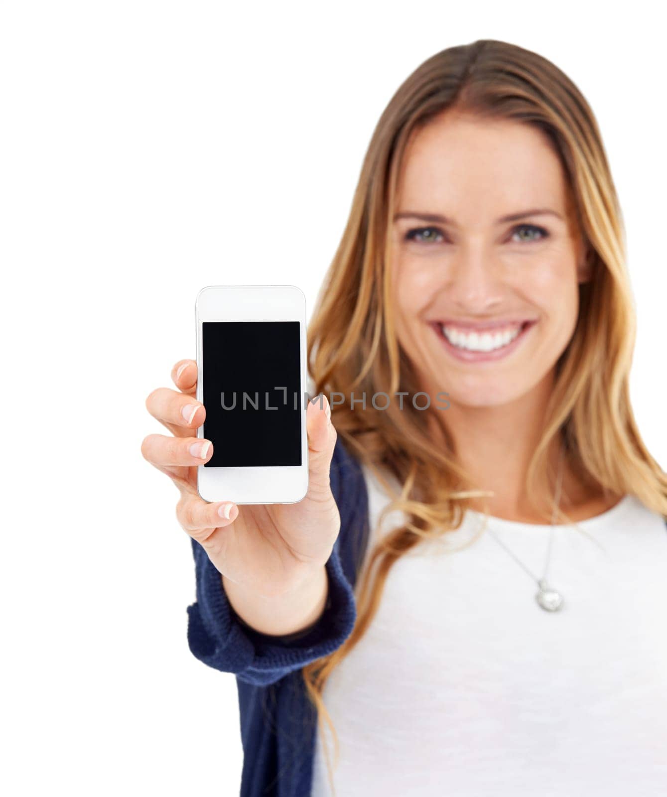 Showing phone screen, happy and portrait of a woman isolated on a white background in a studio. Smile, promotion and a young lady with a mobile in hand for connectivity, communication and branding by YuriArcurs