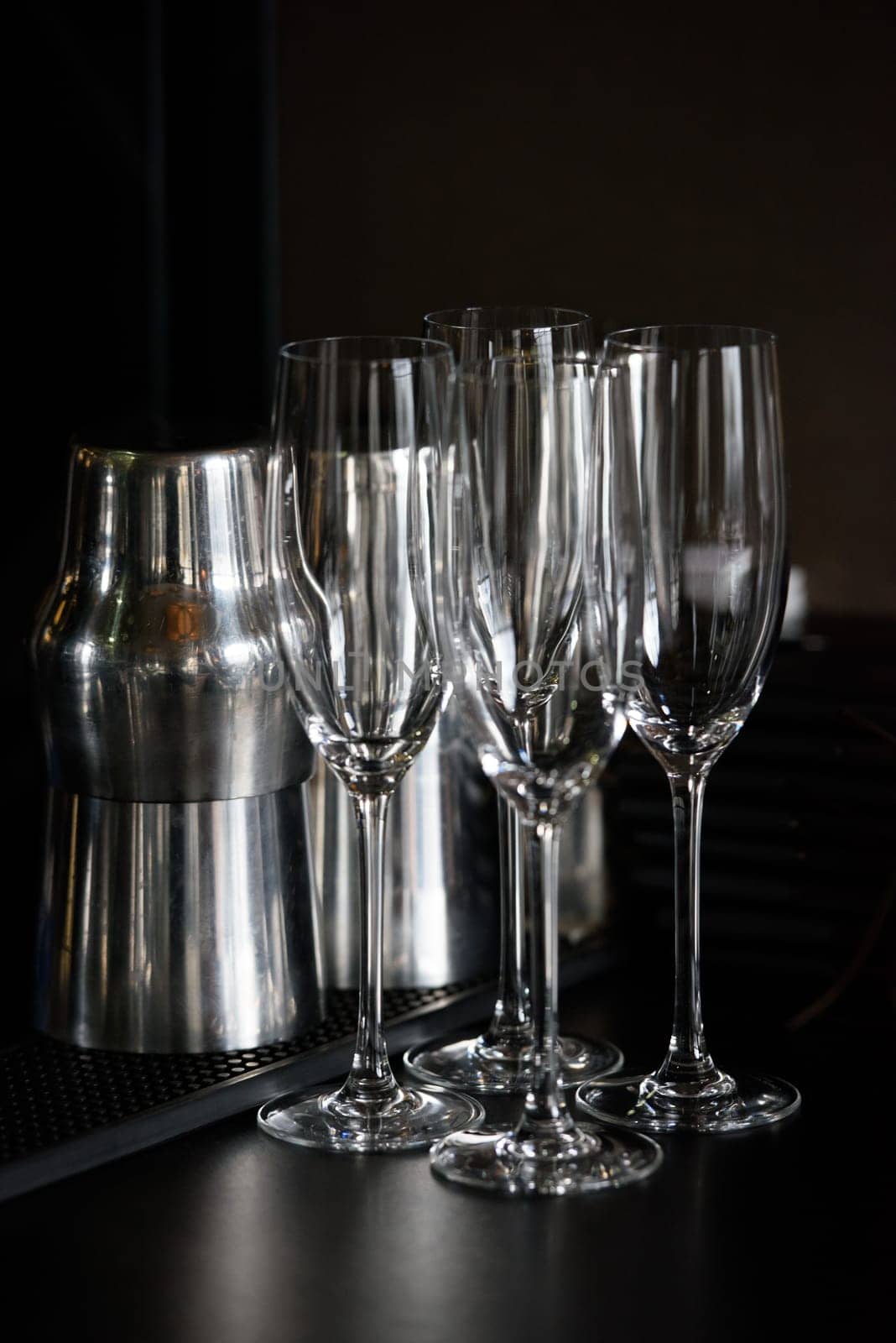 Empty Champagne glasses on a table.