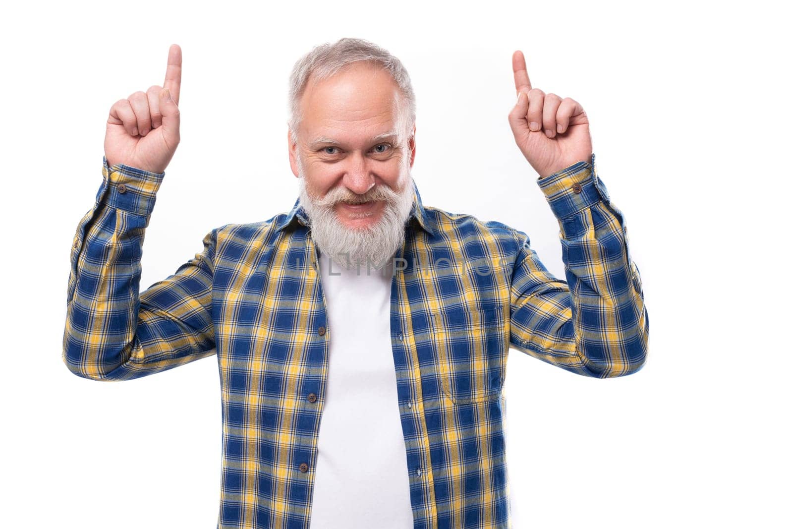 senior pensioner gray-haired man with a beard in a shirt tells the news on a white background by TRMK