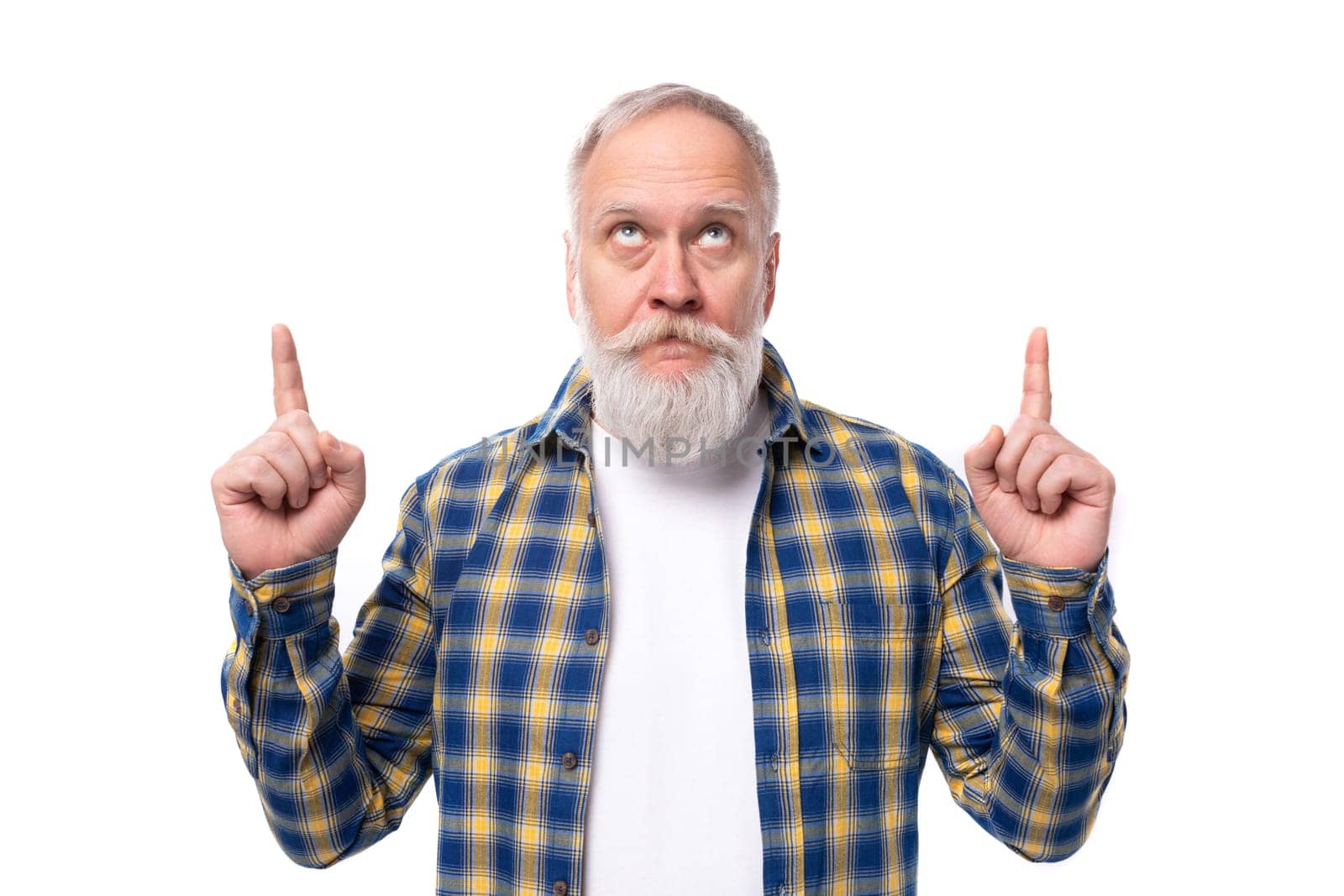 handsome 50s elderly gray-haired man with beard showing thumbs up on white background.