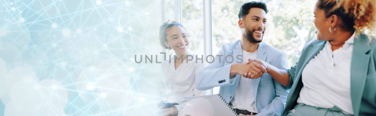 Recruitment, handshake and business people networking in job interview waiting room, happy and friendly. We are hiring, job opportunity and hand shaking by man and woman relaxing in line at startup by YuriArcurs