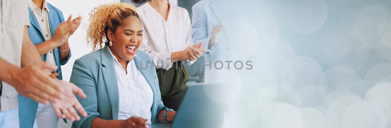 Applause, laptop and winning woman in office success, congratulations and celebration of company target sales. Winner, wow and clapping for worker, employees or people promotion, news or opportunity by YuriArcurs