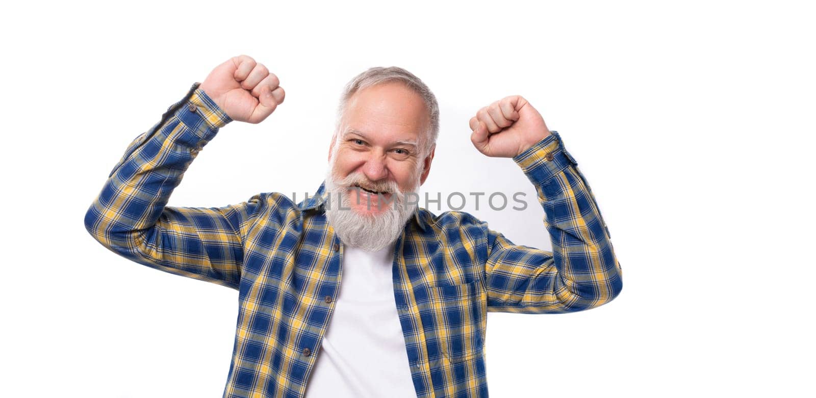 cute joyful 50s elderly gray-haired man with a beard on a white background.