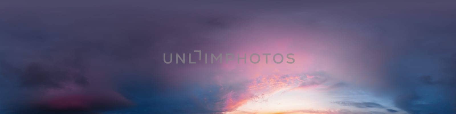 Sunset sky panorama with bright glowing pink Cumulus clouds. HDR 360 seamless spherical panorama. Full zenith or sky dome for 3D visualization, sky replacement for aerial drone panoramas. by Matiunina