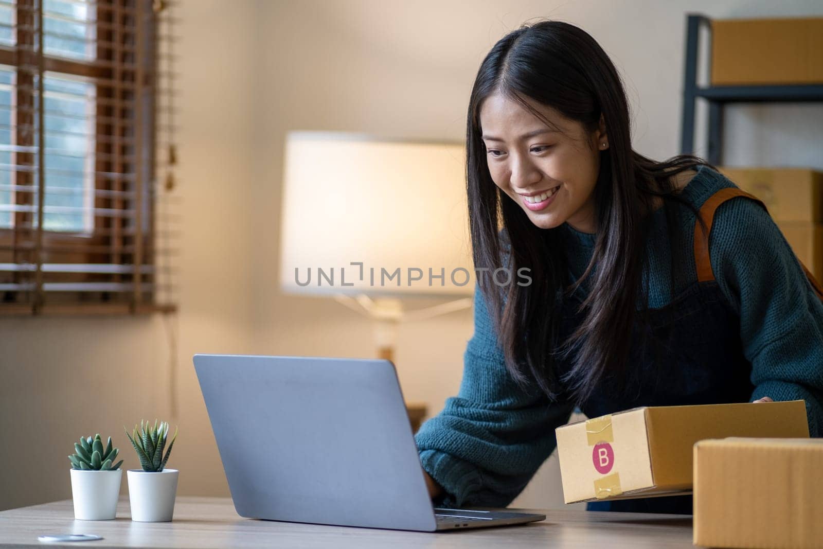Young happy Asian woman looking at laptop screen, celebrate for sell, smile young entrepreneur happy for sale successful by wuttichaicci