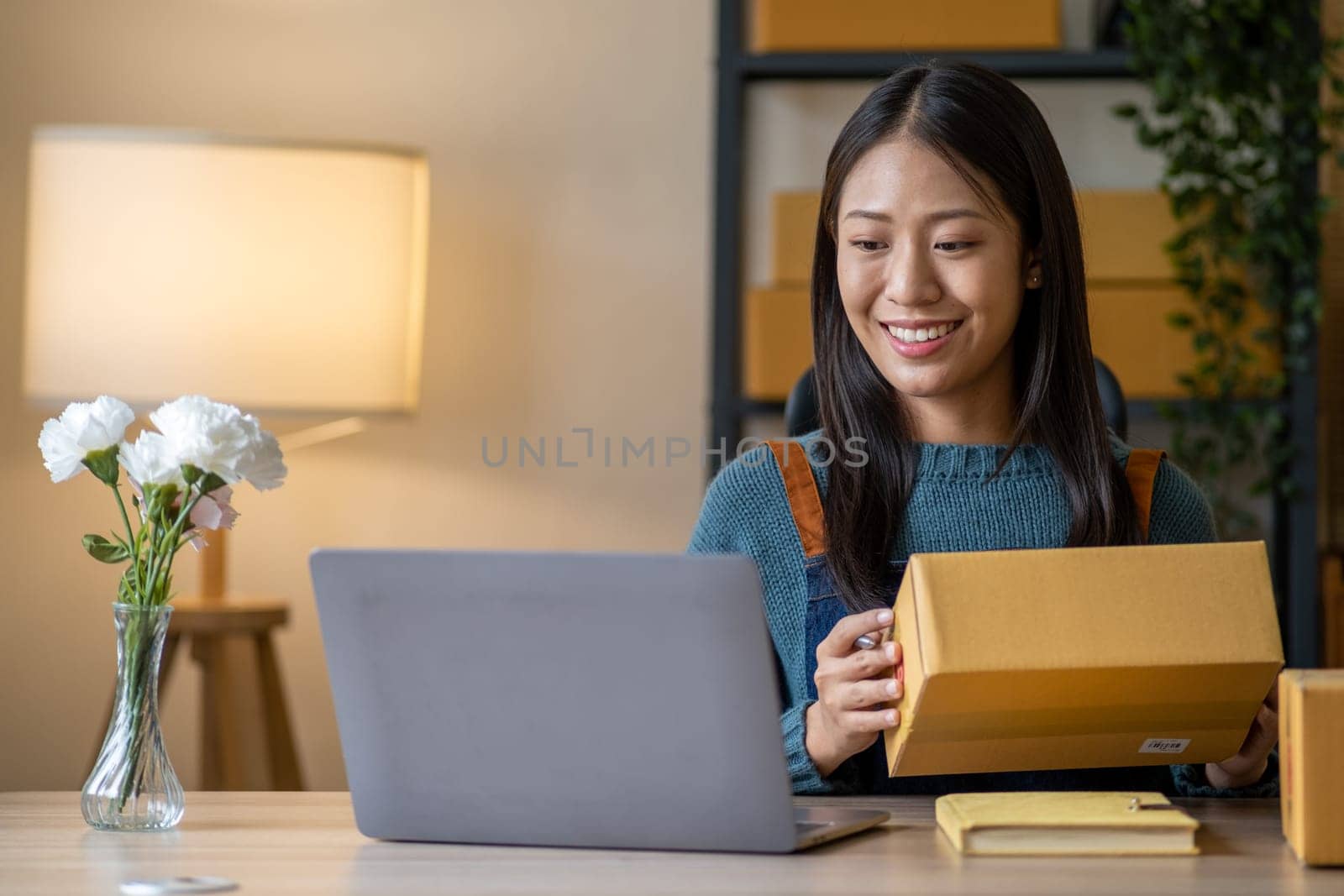 Young happy Asian woman looking at laptop screen, celebrate for sell, smile young entrepreneur happy for sale successful . High quality photo