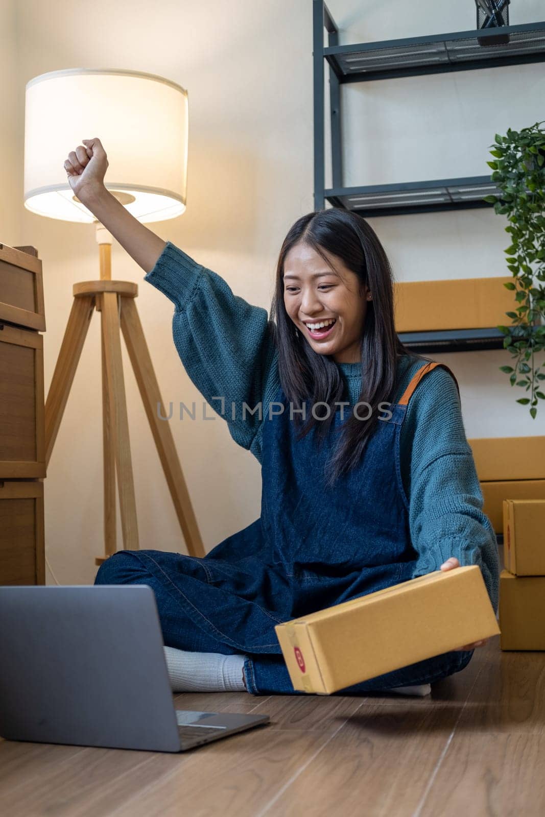 Young happy Asian woman looking at laptop screen, celebrate for sell, smile young entrepreneur happy for sale successful by wuttichaicci
