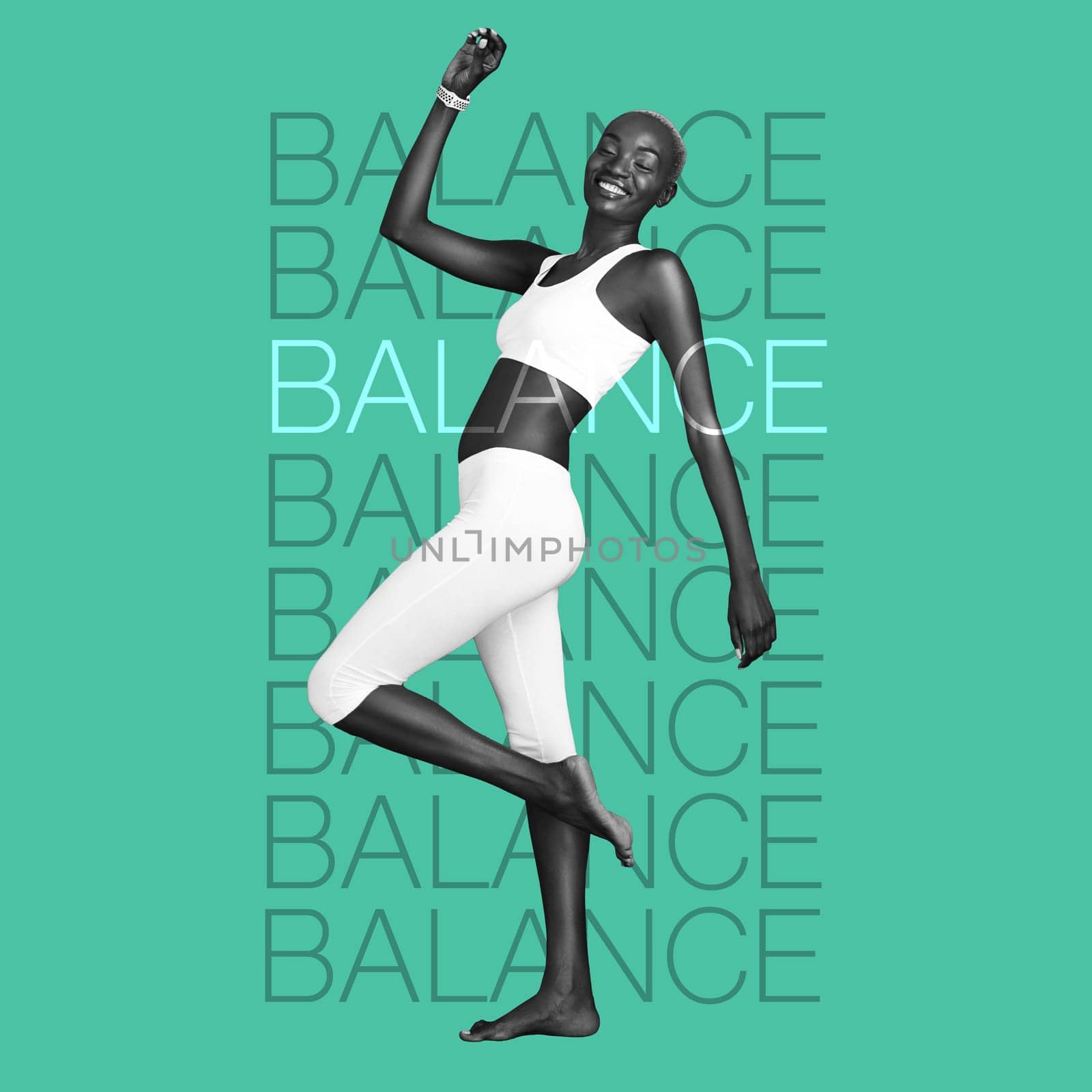 Black woman, balance and fitness with motivation words, overlay and yoga, body care on inspirational poster on green background. Energy, exercise and pilates, happiness and workout with text by YuriArcurs