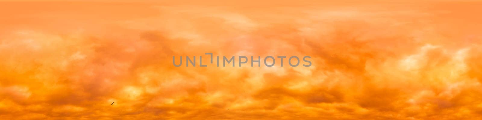 Dramatic overcast sky panorama with glowing golden orange clouds. HDR 360 seamless spherical panorama. Sky dome in 3D, sky replacement for aerial drone panoramas. Climate and weather change concept by panophotograph