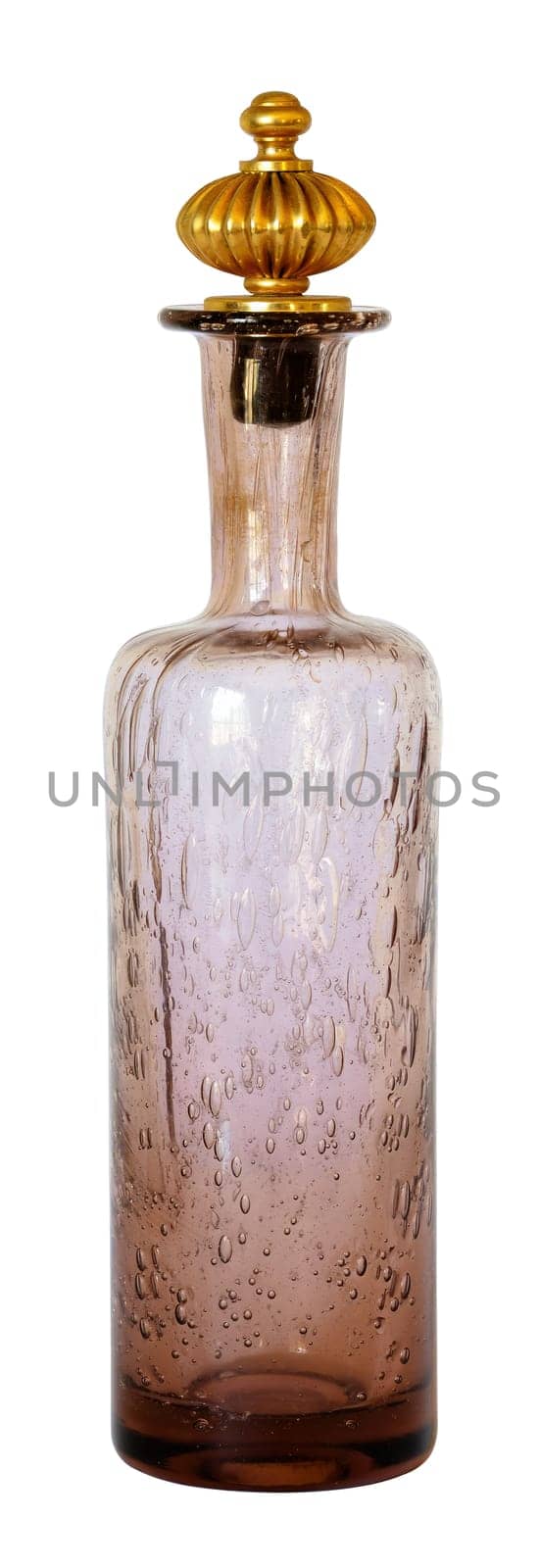 French bottle in pink bubble glass with a large decorative gold stopper isolated on a white background