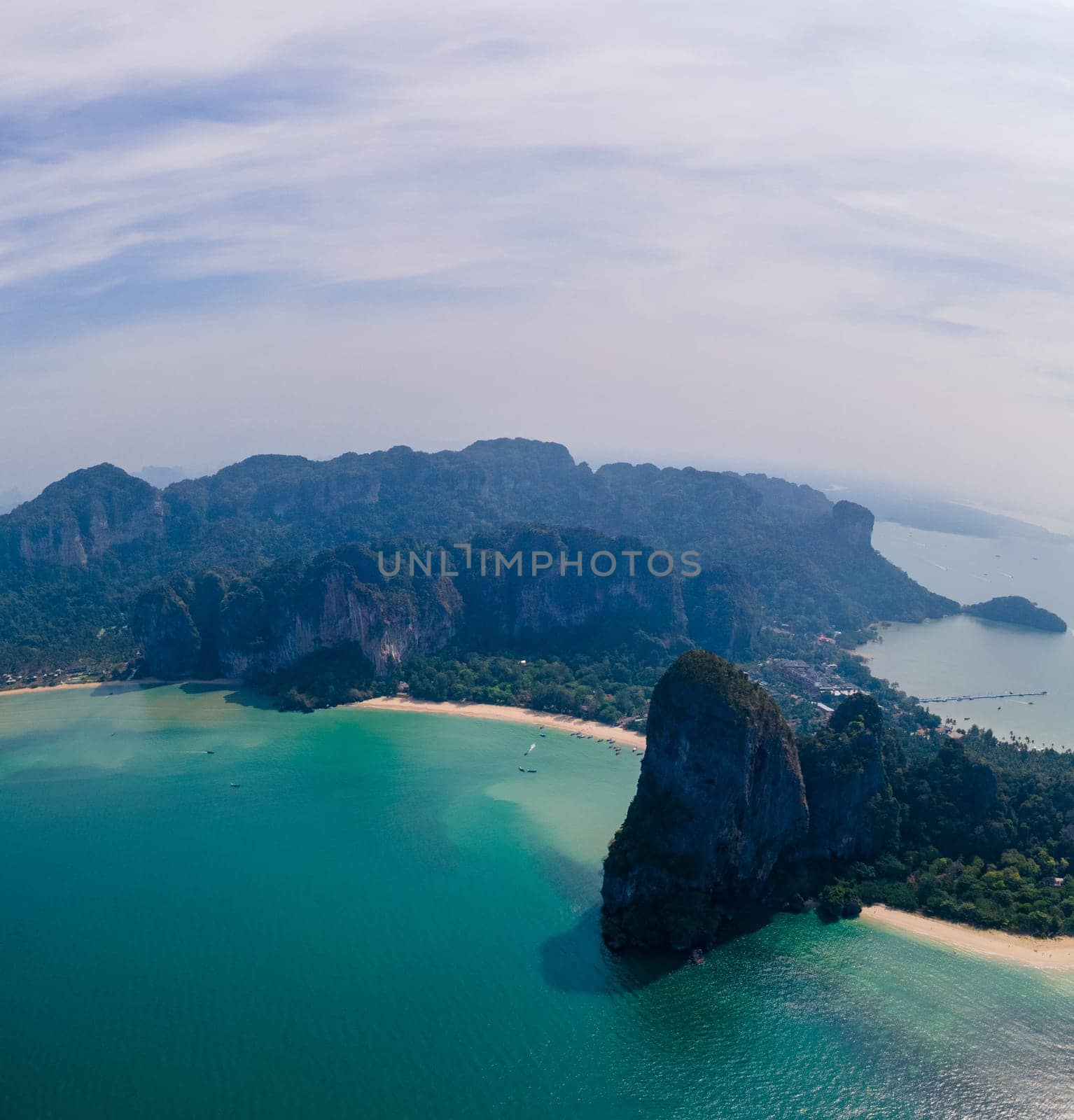 Railay Beach Krabi Thailand during sunset, the tropical beach of Railay Krabi, Panoramic view from a drone of idyllic Railay Beach in Thailand