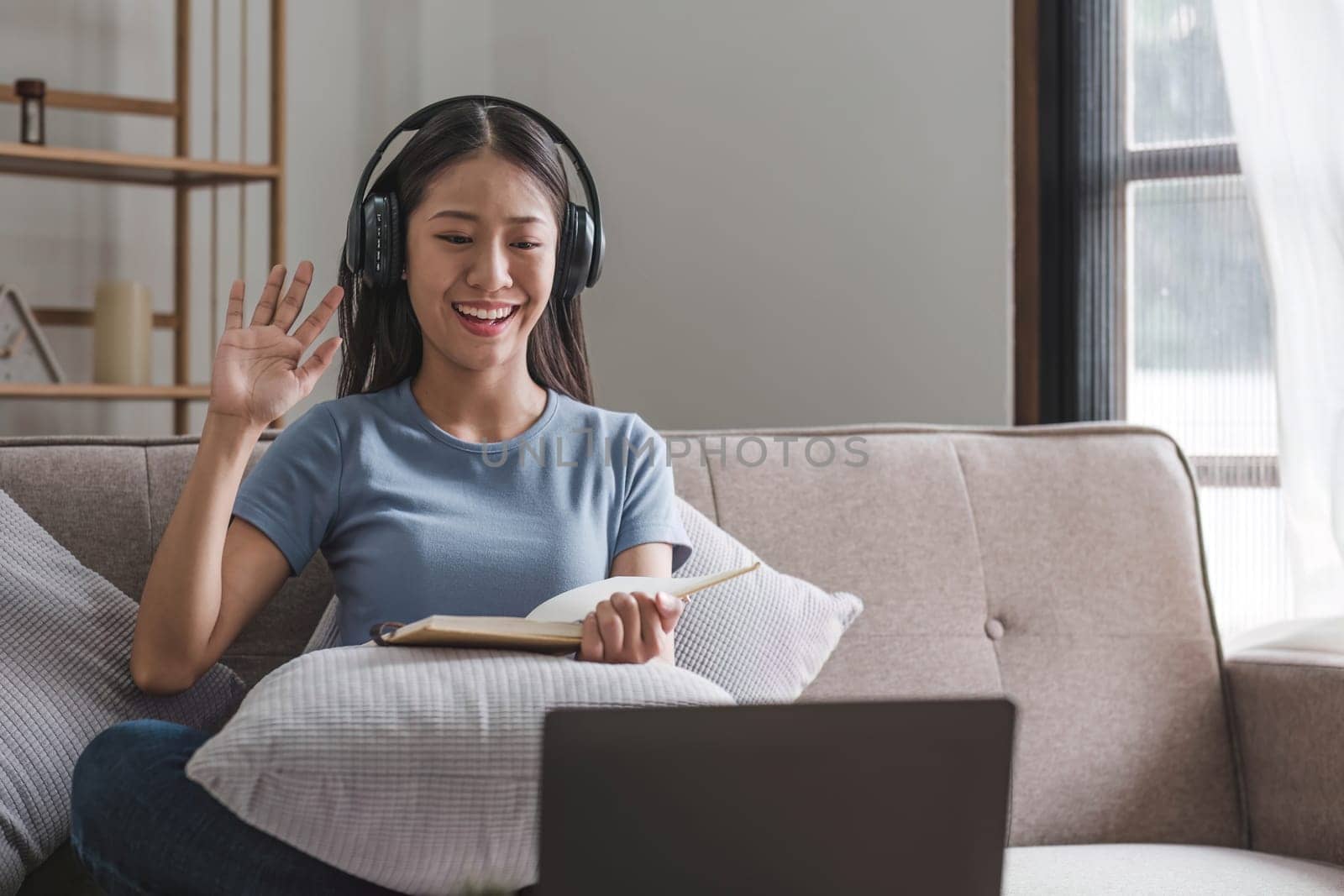 Asian girl student online learning class study online video call zoom teacher, Happy asian girl learn english language online with computer laptop....