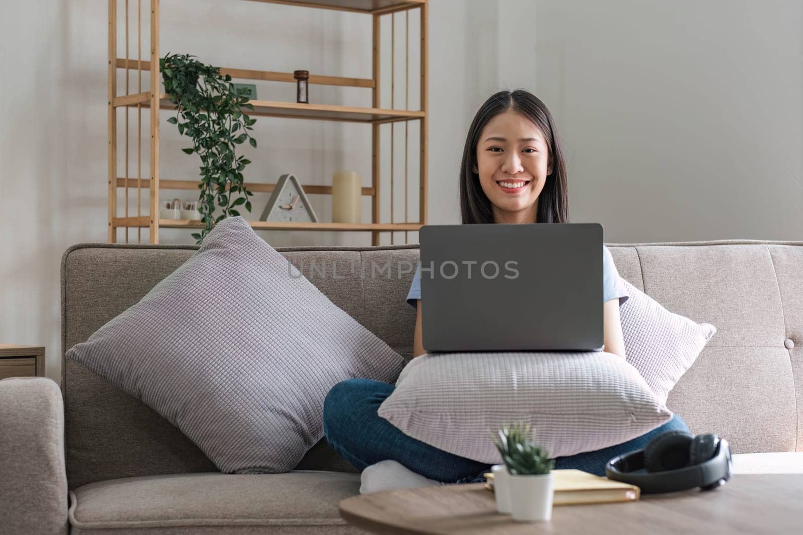 Asian girl student online learning class study online video call zoom teacher, Happy asian girl learn english language online with computer laptop....