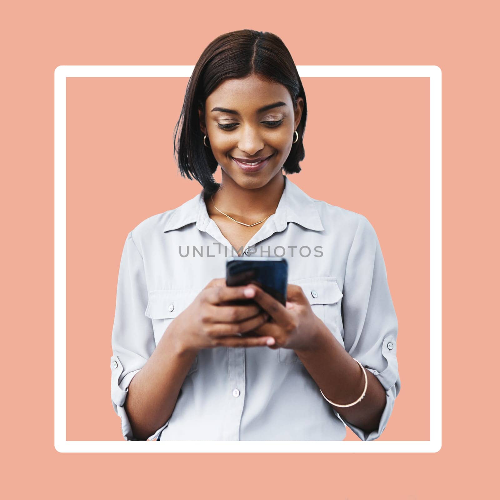 Social media, chat and woman on a phone for connection isolated on a digital studio background. Creative, communication and girl typing on a mobile for contact update on a wallpaper backdrop.