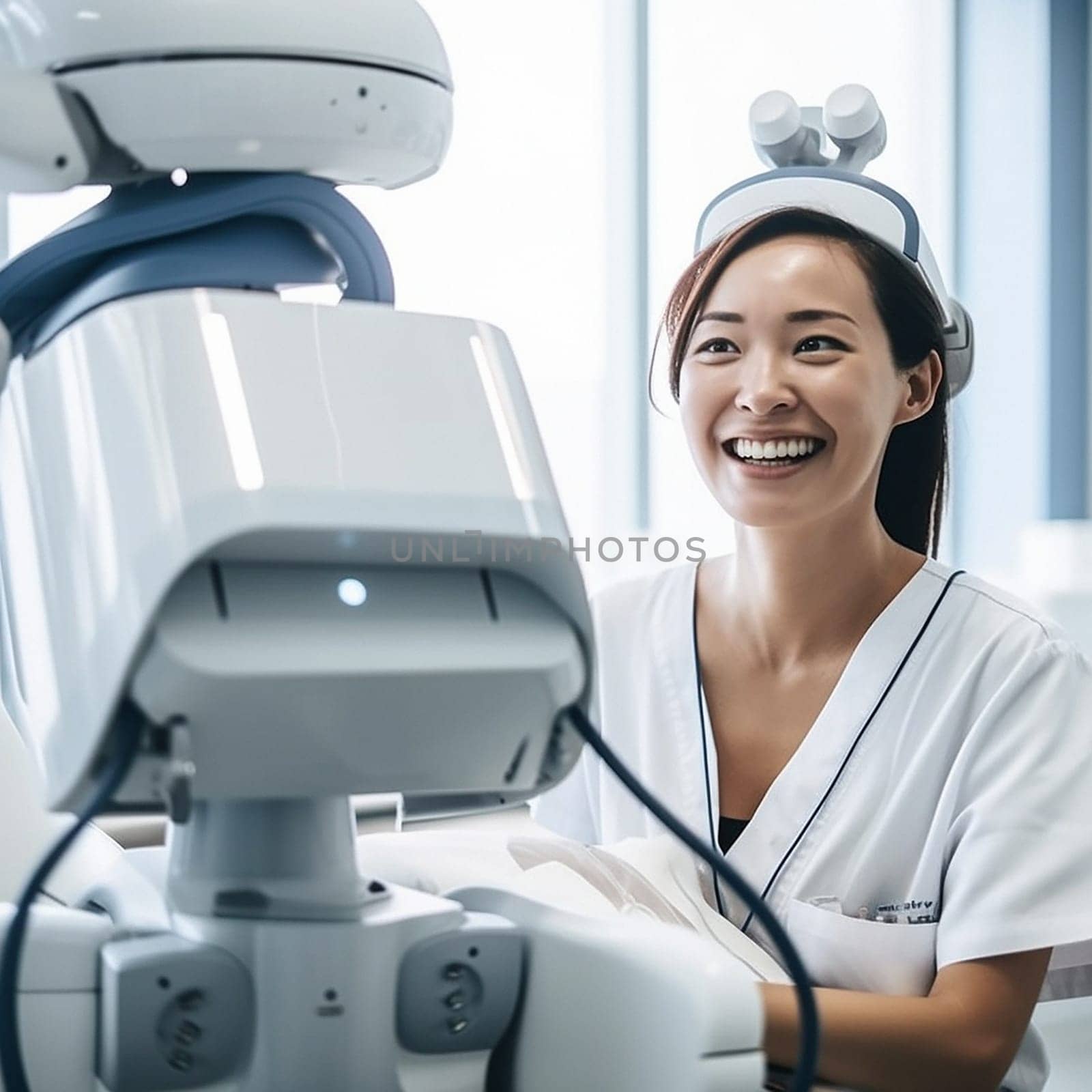 Asian doctor, robot and hospital for future of healthcare with progress, smile and technology for ai machine. Woman, happy medic or robotic assistant in clinic for medical automation with innovation by YuriArcurs