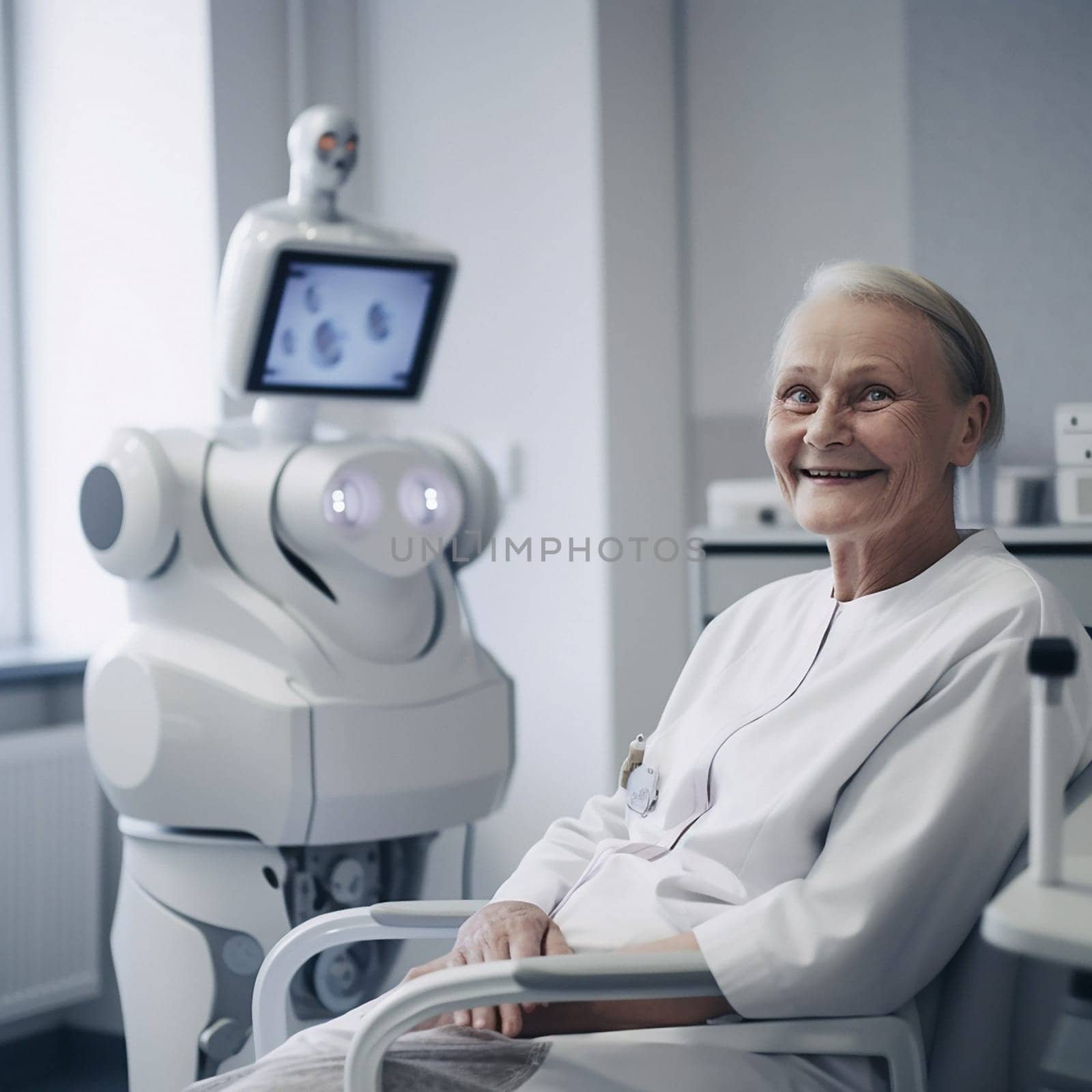 Dentist, futuristic and portrait of senior woman in clinic for oral hygiene, dental care and orthodontist service. Healthcare, medical technology and ai generated elderly lady for teeth cleaning.