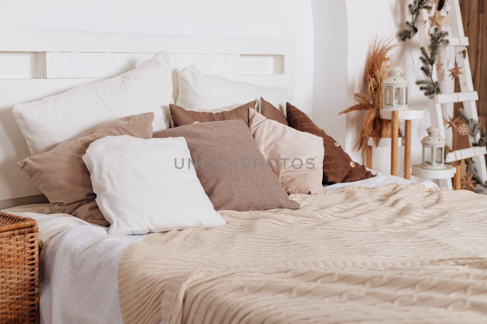 Home bedroom closeup, plant flower pot near bed. Room natural decoration at house interior, nobody at modern apartment.
