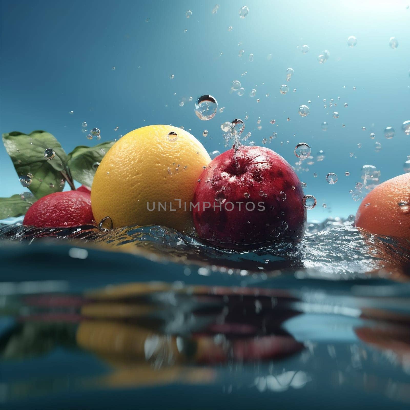 healthy strawberry grape red background splashing liquid food fresh apple vitamin bubble health drop sweet clean water fruit white green delicious. Generative AI.