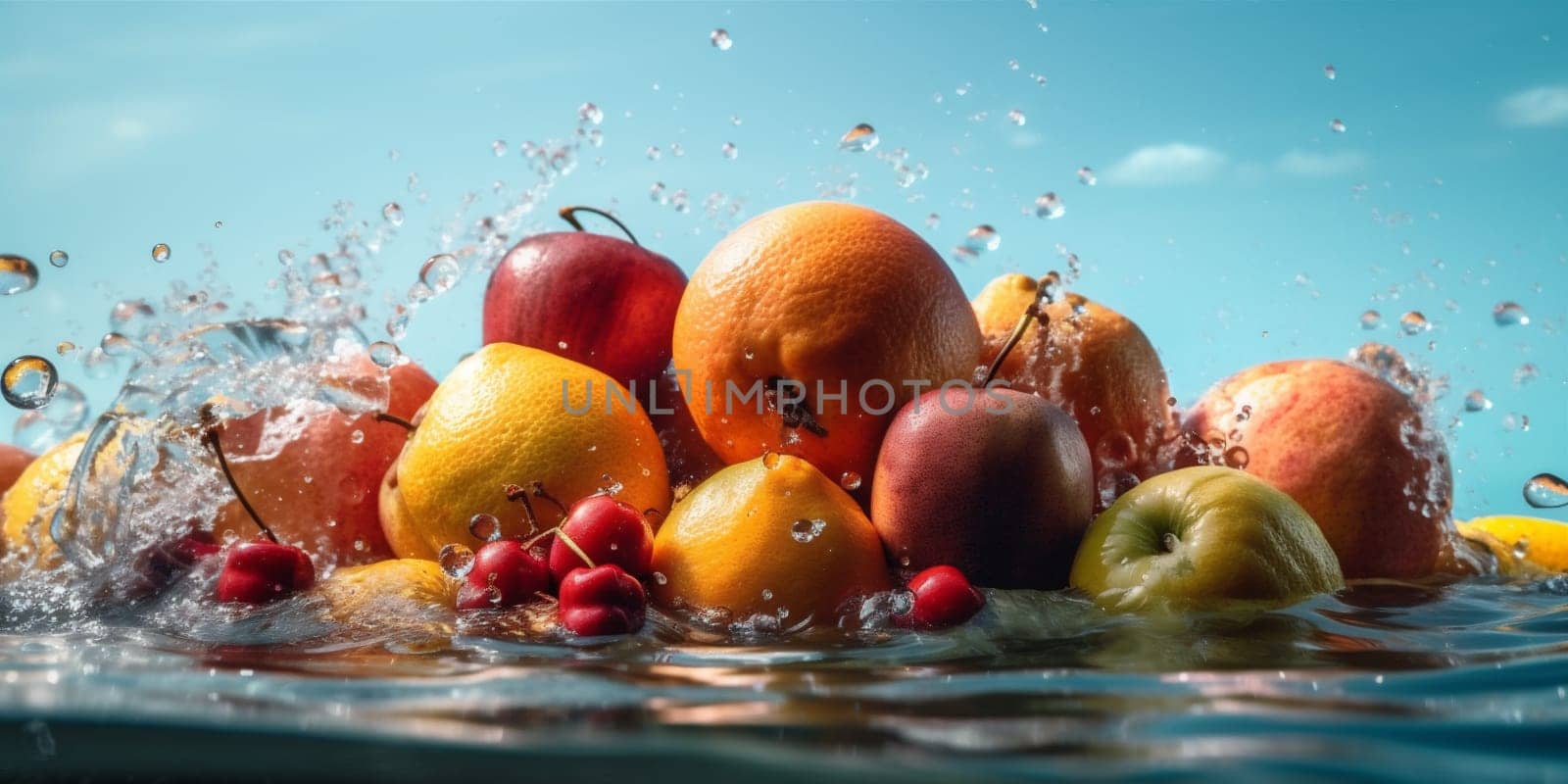 water food vitamin agriculture nature drop juicy healthy strawberry lemon natural kiwi fresh vegetarian orange grape green background fruit isolated splash. Generative AI.