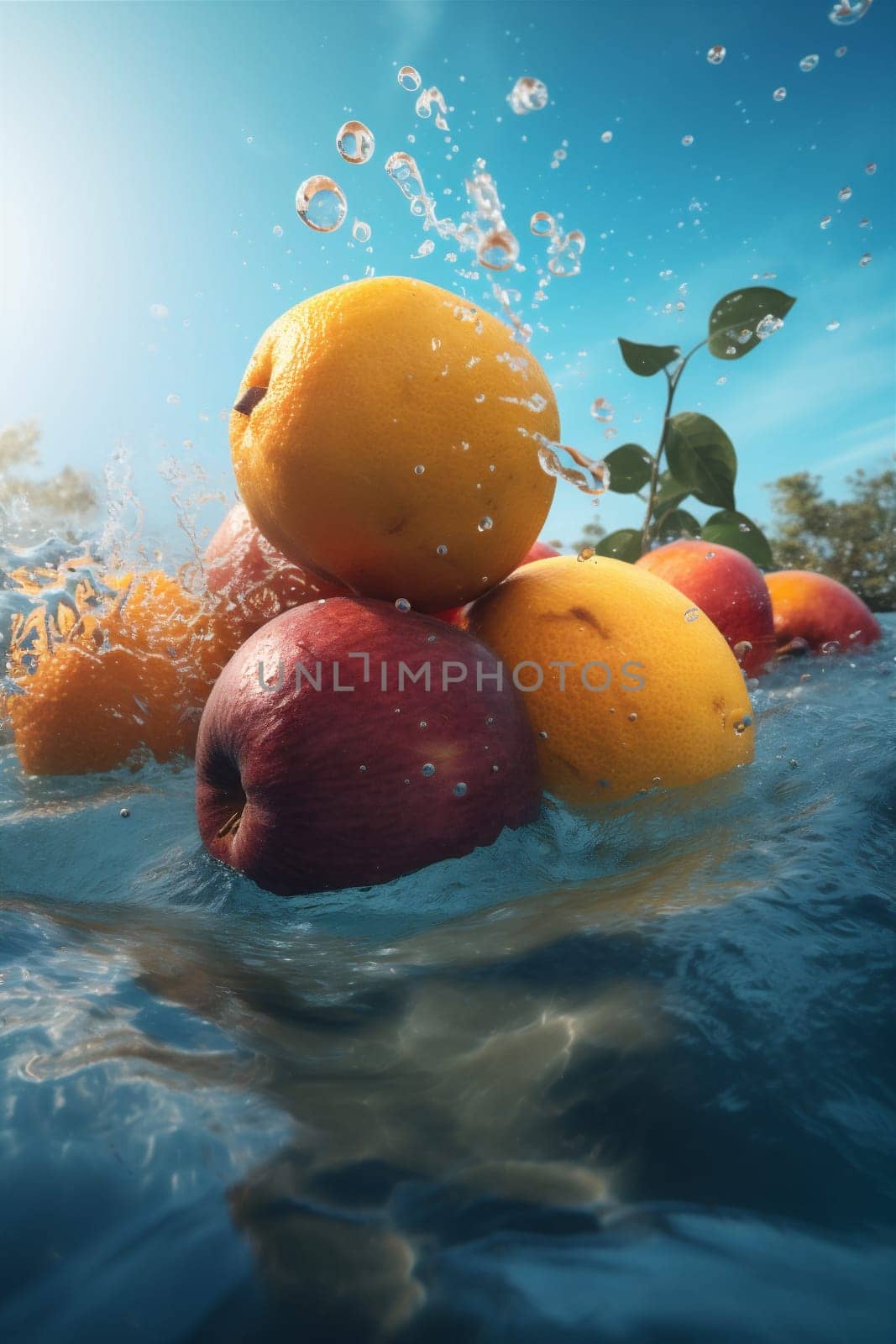 nature healthy splash vitamin drop citrus food vegetable strawberry market background vegetarian clean red banana bubble fruit water green delicious fresh. Generative AI.