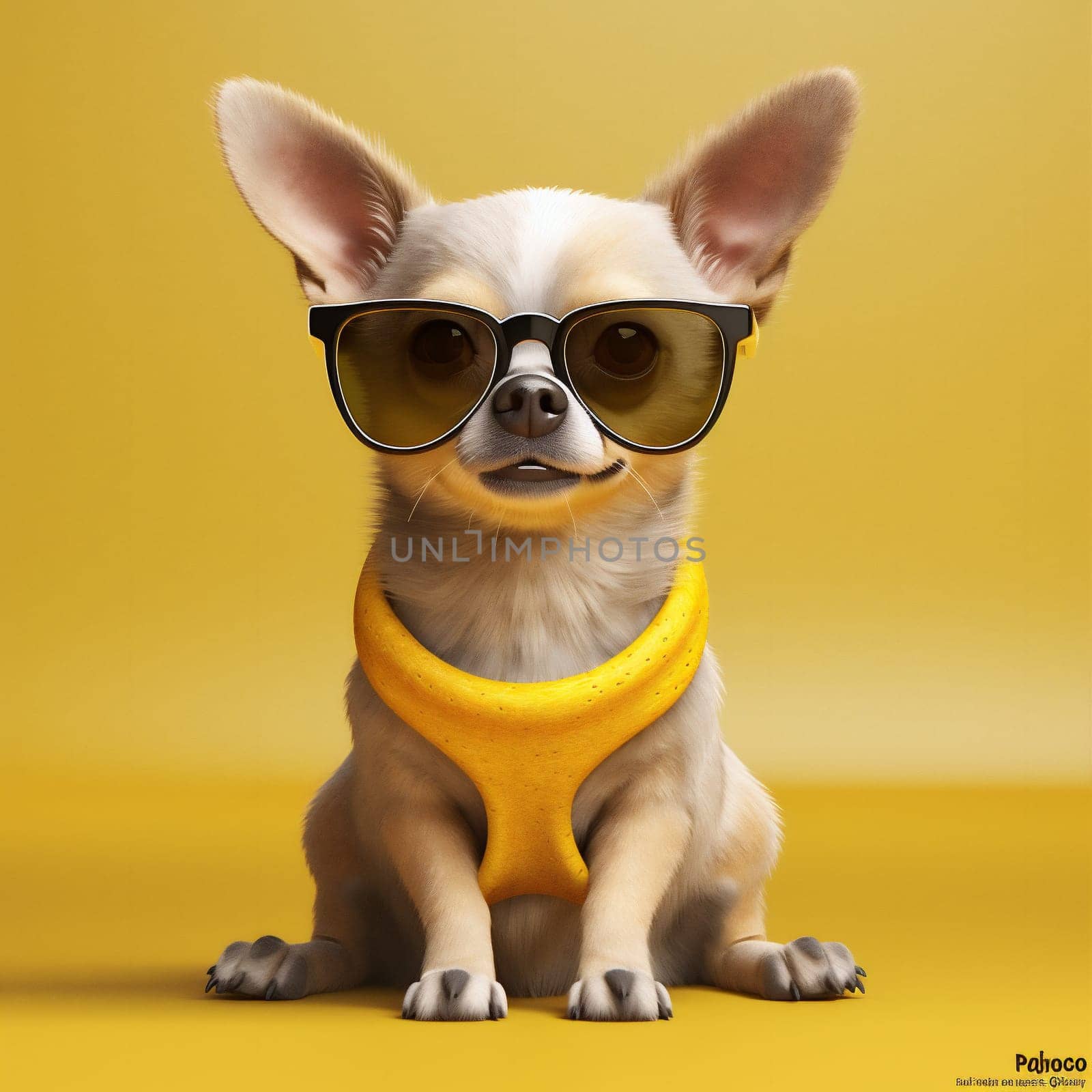 pet dog animal copy isolated cool cute canino eyeglass collar pedigree background yellow portrait doggy happy chihuahua glasses goggles puppy canine space. Generative AI.