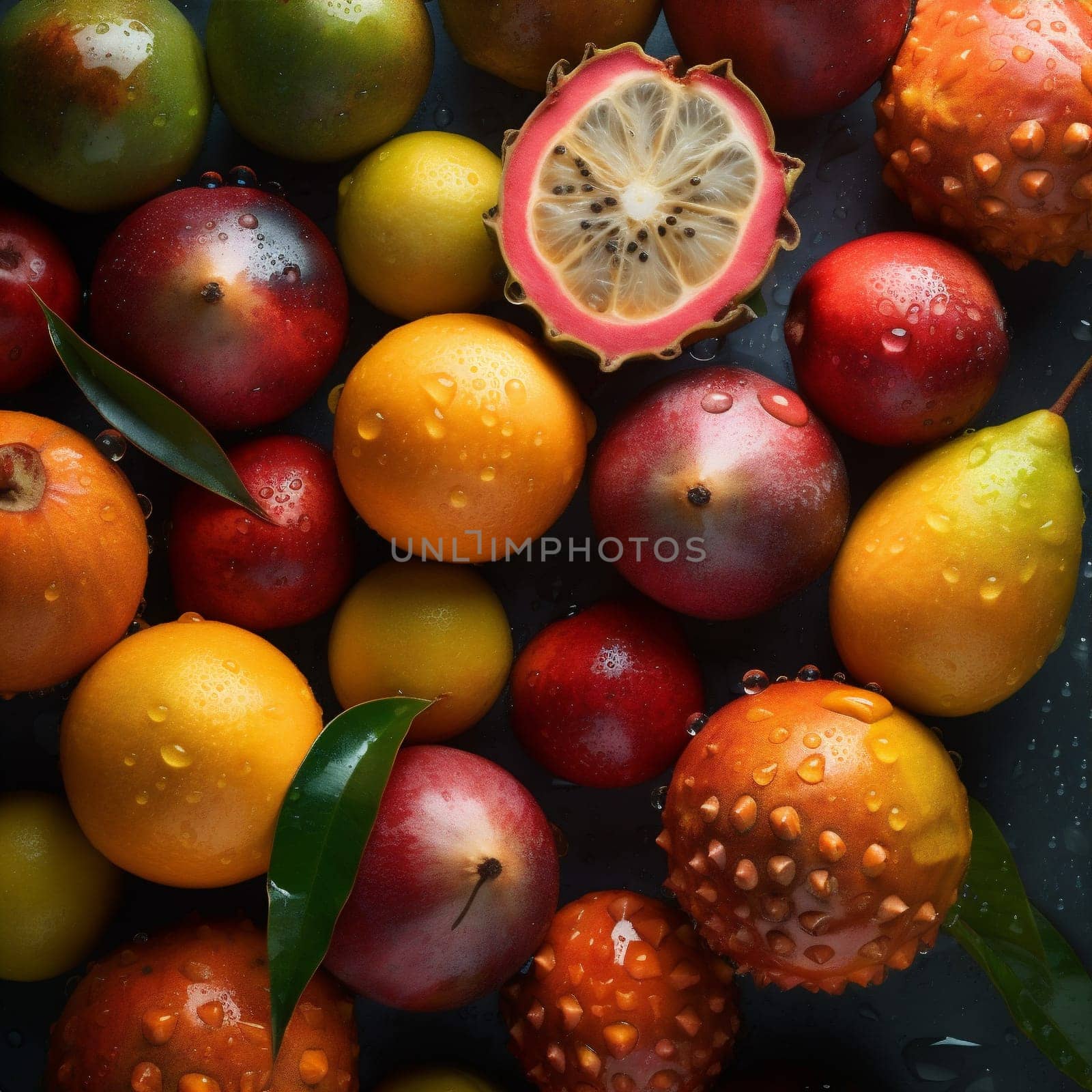 healthy background fruit fresh water drop green black vitamin strawberry food. Generative AI. by SHOTPRIME