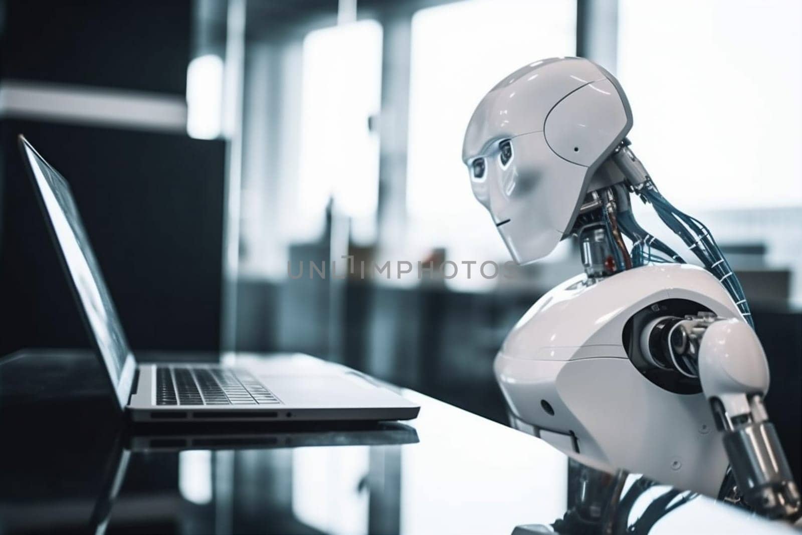 technology document ai robot hand digital artificial paper laptop office. Generative AI. by SHOTPRIME