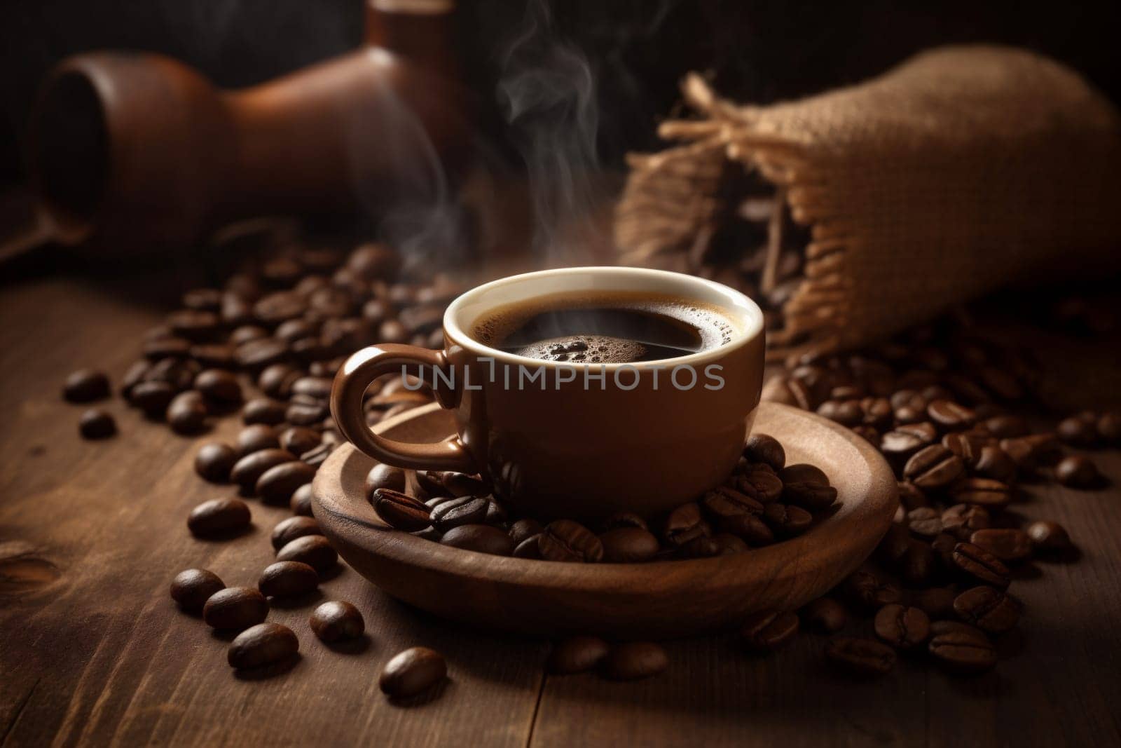 morning natural white space caffeine mug brown aroma cup breakfast style drink cafe espresso bean grain copyspace copy table taste. Generative AI.