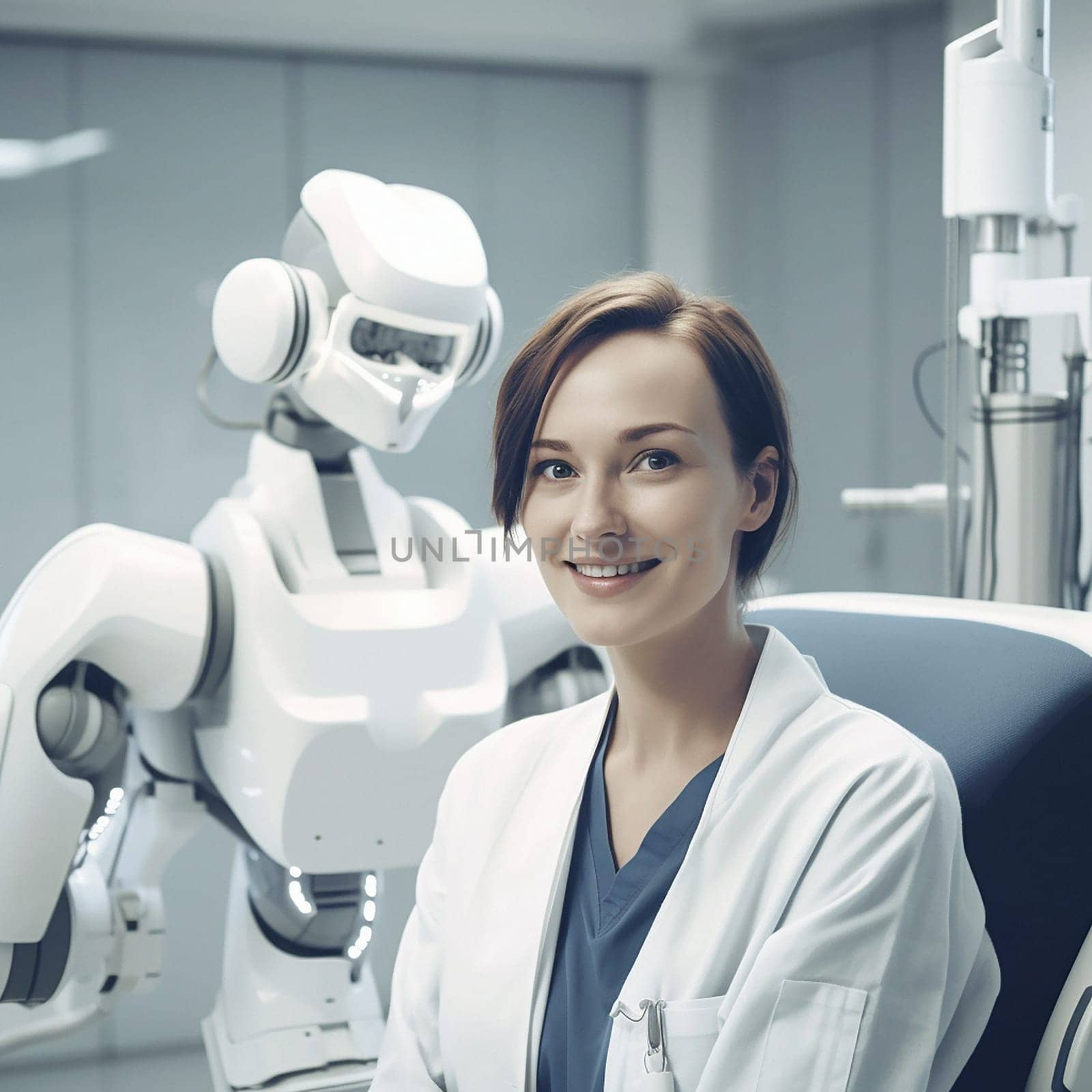 Portrait, doctor and robot in clinic for future of healthcare with innovation, smile and ai generated. Woman, happy medic or robotic assistant in hospital for automation technology by medical machine by YuriArcurs