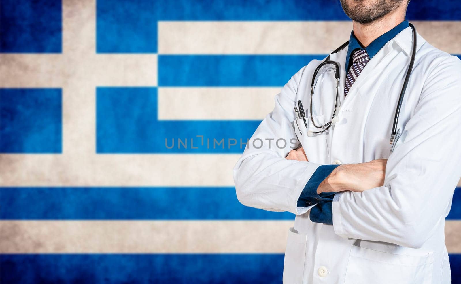 Health and care with flag of greece, Concept of national health of greece. Doctor with stethoscope over greece flag by isaiphoto