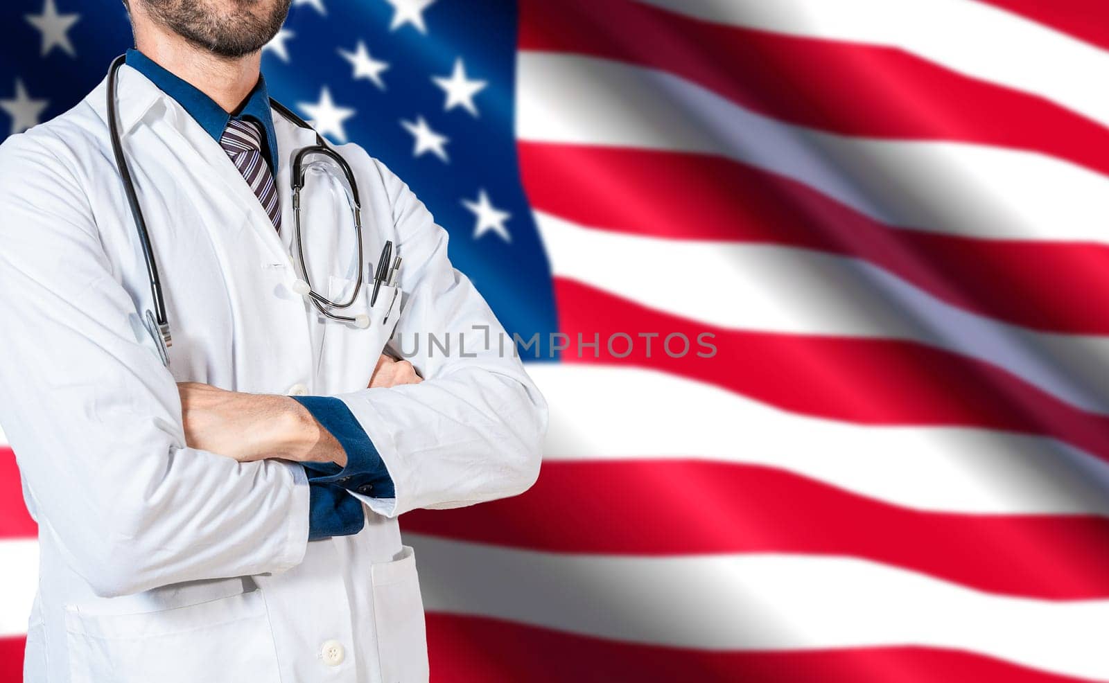 Health and care with the flag of United State. USA national health concept, Doctor with stethoscope on USA flag. Doctor arm holding stethoscope on USA flag