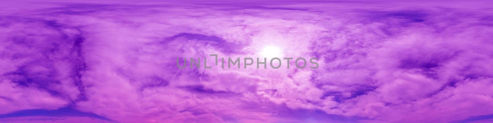 Blue magenta sky panorama with Cirrus clouds in Seamless spherical equirectangular format. Full zenith for use in 3D graphics, game and editing aerial drone 360 degree panoramas for sky replacement. by Matiunina