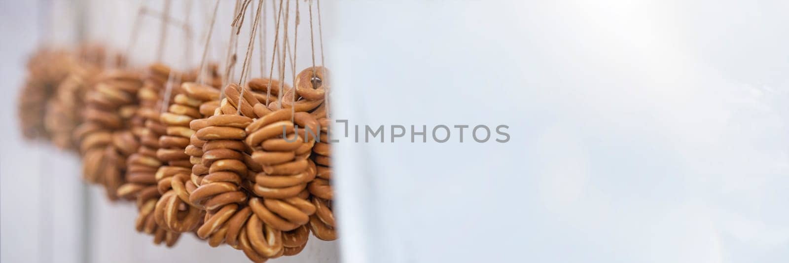 A bundle of dry ring-shaped cookies. Russian traditional cookies. High quality photo.