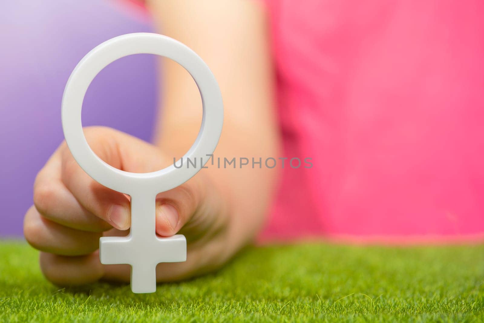 The concept of gender. Female gender symbol in hand on purple background in pink t-shirt with copy space. High quality photo