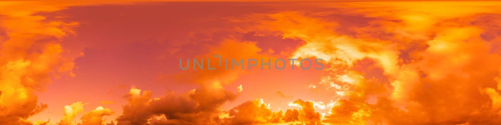 Dramatic sunset sky panorama with bright glowing red pink Cumulus clouds. HDR 360 seamless spherical panorama. Sky dome in 3D, sky replacement for aerial drone panoramas. Weather and climate change. by Matiunina