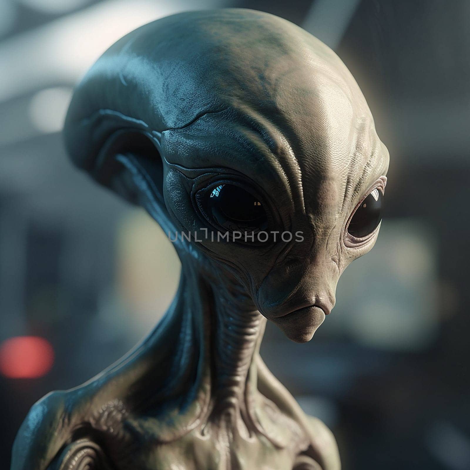 Alien attack or abduction or in a UFO space ship, visitor or scary world or universe with invasion, technology and martians. A close up or portrait of aliens for horror, strange and special effects. by YuriArcurs
