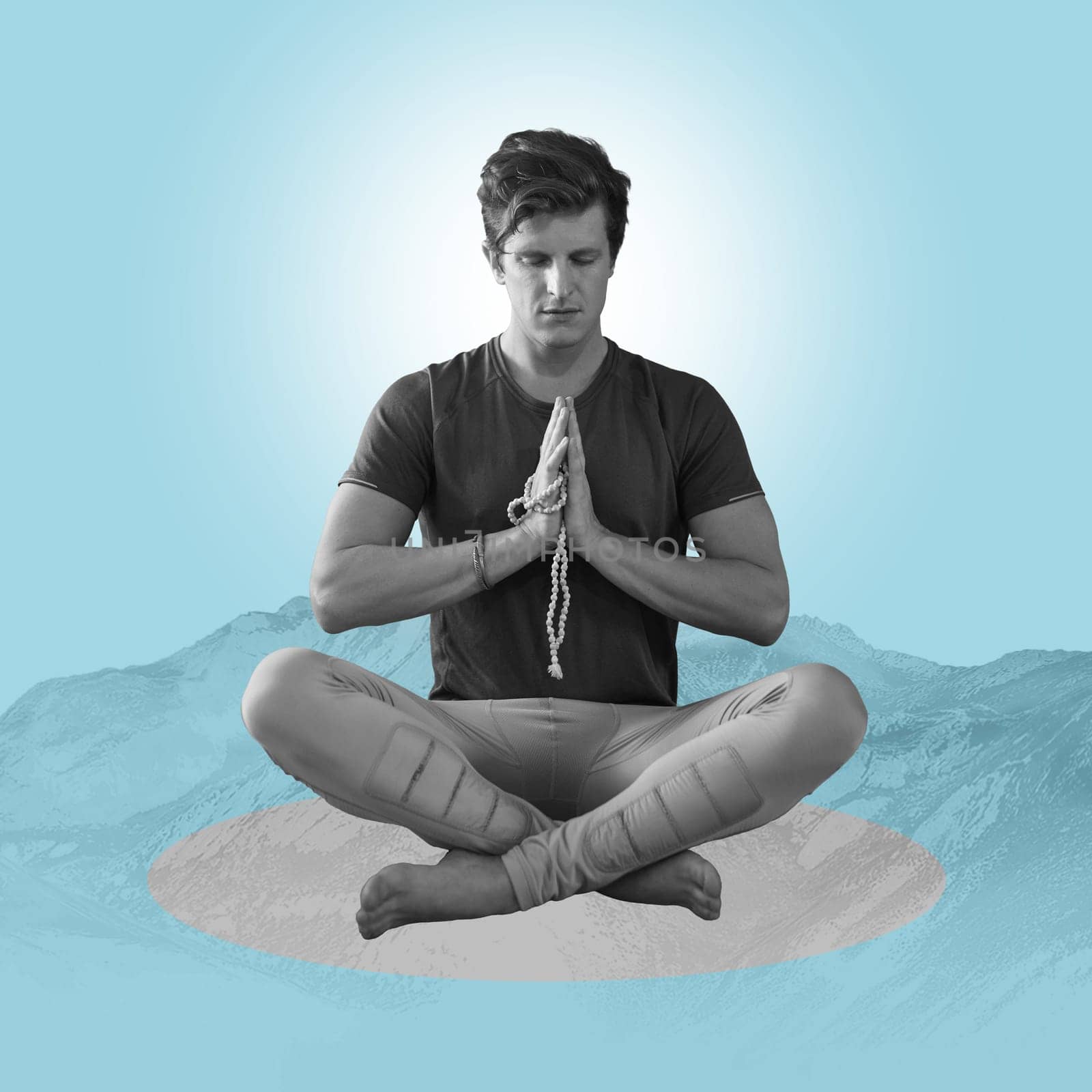 Zen, meditation and man on poster, mountain on blue background and yoga pose in balance. Art, advertising and creative collage design for health, wellness and calm, spiritual lifestyle studio mock up by YuriArcurs