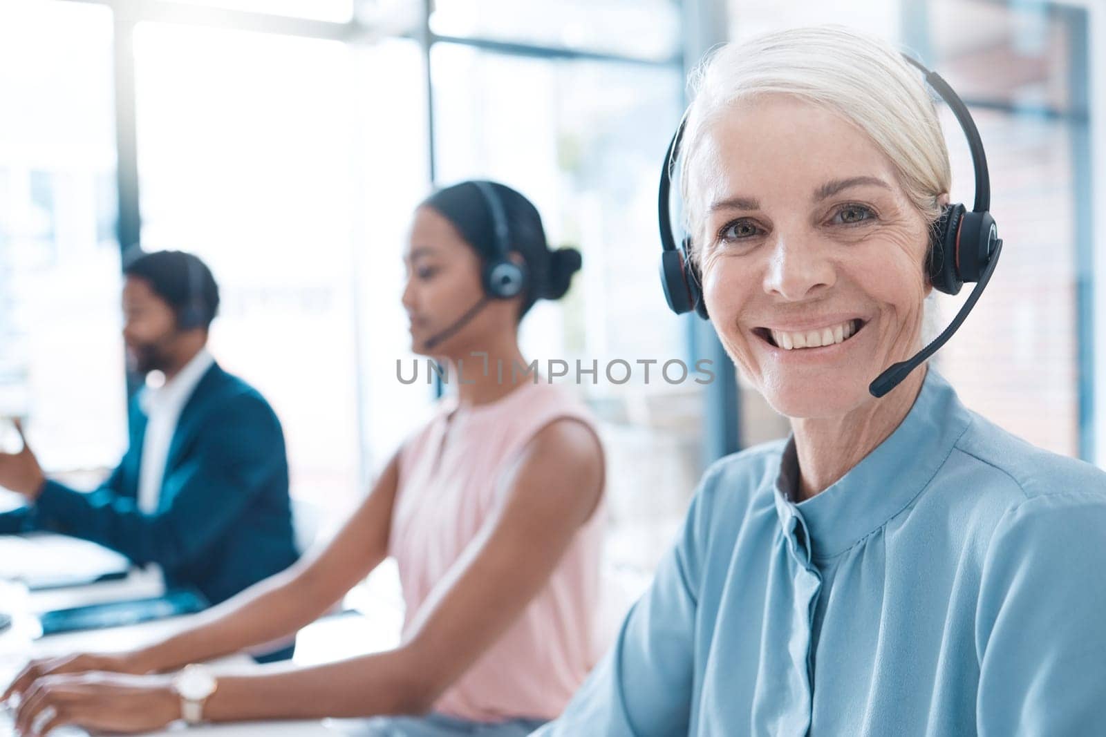 CRM, customer service or call center woman manager, worker consulting, contact us or telemarketing to client. Sales advisor, consultant or leadership for support, help or loan insurance advice by YuriArcurs