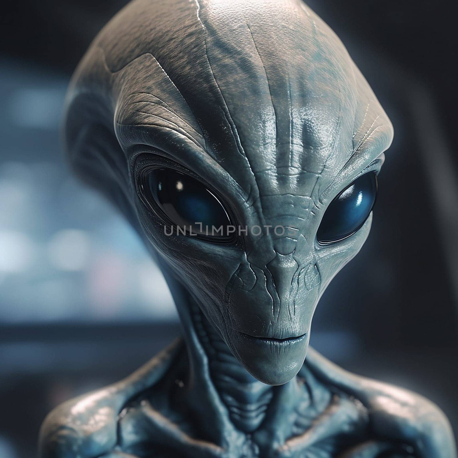 Alien attack or abduction or in a UFO space ship, visitor or scary world or universe with invasion, technology and martians. A close up or portrait of aliens for horror, strange and special effects. by YuriArcurs