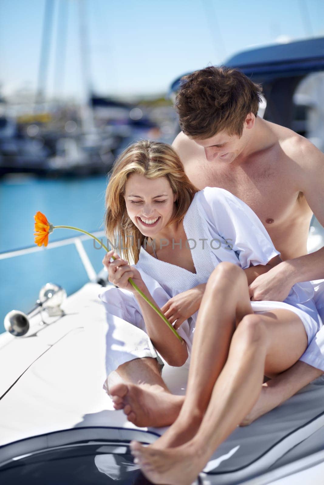Boat, travel and couple laugh on yacht smile on summer holiday, vacation and adventure on ocean. Love, happy and laughing man and woman bonding on luxury cruise for journey, romantic trip and fun by YuriArcurs