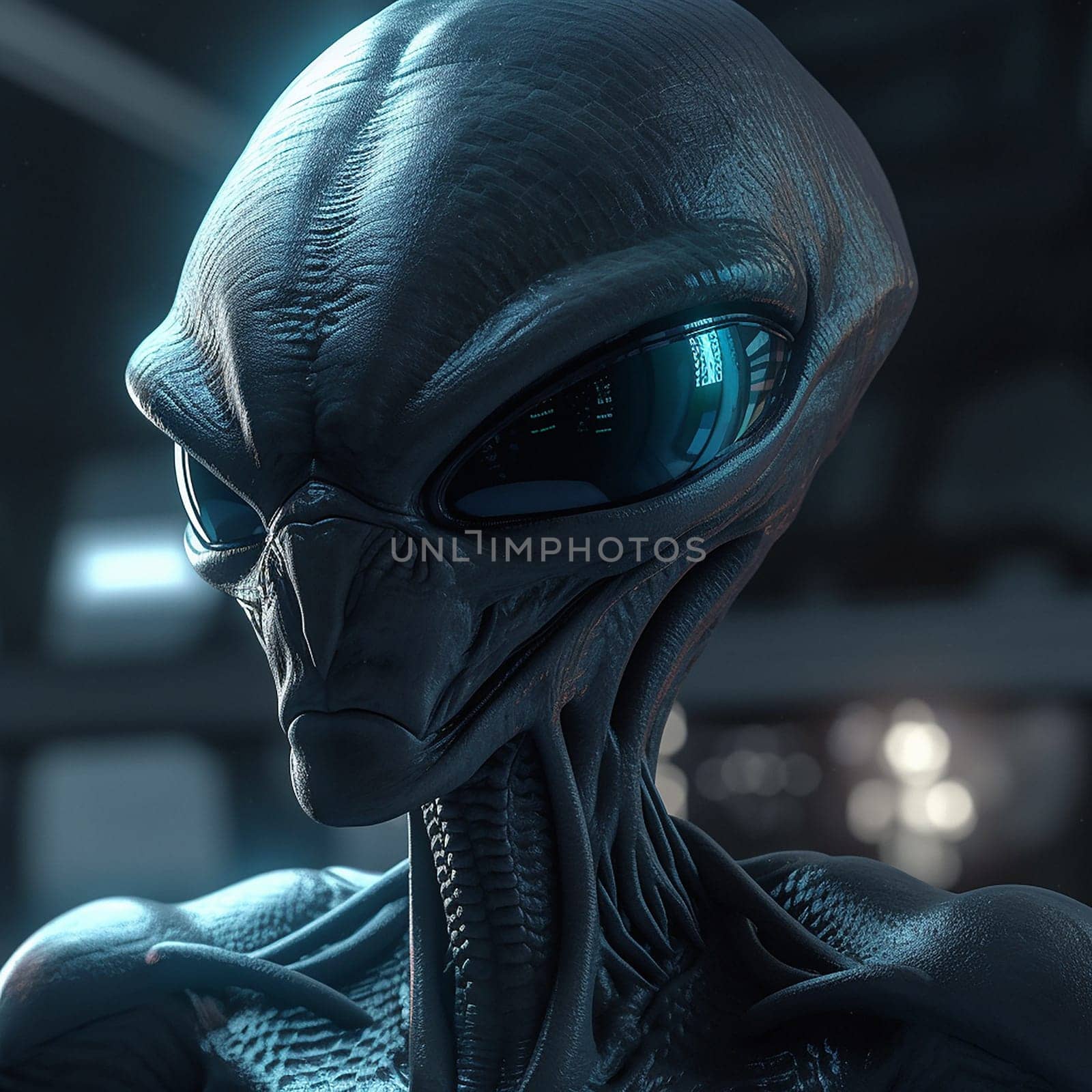 Alien attack or abduction or in a UFO space ship, visitor or scary world or universe with invasion, technology and martians. A close up or portrait of aliens for horror, strange and special effects. by YuriArcurs