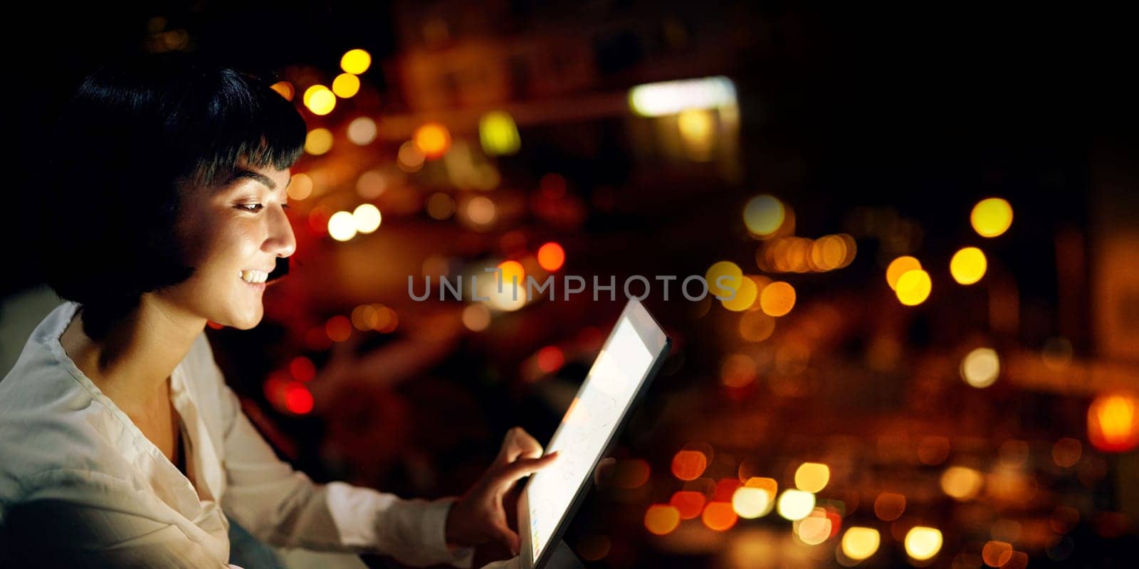 Mockup, night and tablet screen with woman on rooftop for research, social media and networking app. Technology, internet and website with employee in office for email, communication and data in city by YuriArcurs